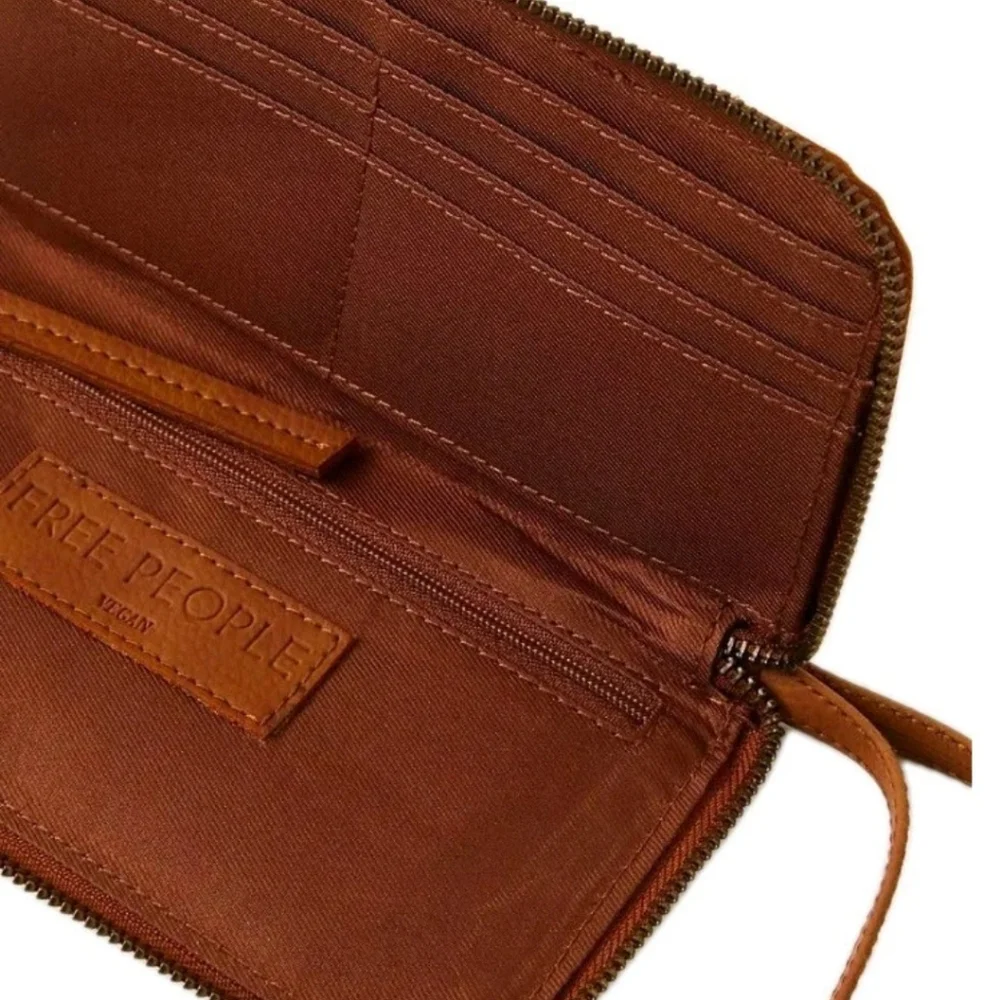 Free People Vegan Leather Long Wallet Zip Around Wristlet Brown Boho Western New